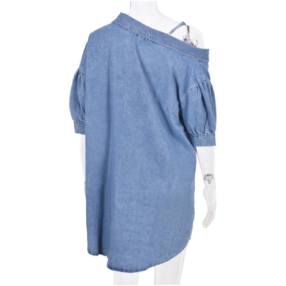 Denim Button Down Puff Sleeve One Shoulder Shirt Dress - Picture 9 of 10